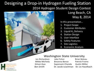 Designing a Drop-in Hydrogen Fueling Station
2014 Hydrogen Student Design Contest
Long Beach, CA
May 8, 2014
In this presentation…
1. Project Scope
2. Customer Attributes
3. Liquid H2 Delivery
4. Station Design
5. User Interface
6. Safety Features
7. Site Logistics
8. Economic Analysis
 