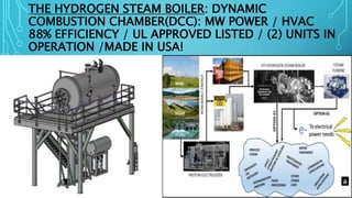 THE HYDROGEN STEAM BOILER: DYNAMIC
COMBUSTION CHAMBER(DCC): MW POWER / HVAC
88% EFFICIENCY / UL APPROVED LISTED / (2) UNITS IN
OPERATION /MADE IN USA!
 