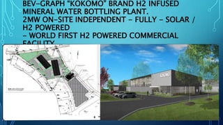 BEV-GRAPH “KOKOMO” BRAND H2 INFUSED
MINERAL WATER BOTTLING PLANT.
2MW ON-SITE INDEPENDENT - FULLY - SOLAR /
H2 POWERED
- WORLD FIRST H2 POWERED COMMERCIAL
FACILITY.
 