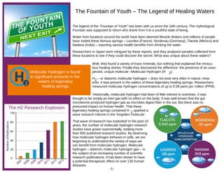 The legend of the “Fountain of Youth” has been with us since the 16th century. The mythological
Fountain was supposed to return who drank from it to a youthful state of being.
Water from locations around the world have been deemed Miracle Waters and millions of people
have visited these famous springs – Lourdes (France), Nordenau (Germany), Tlacote (Mexico) and
Nadana (India) – reporting various health benefits from drinking the water.
Researchers in Japan were intrigued by these reports, and they analyzed samples collected from
these locations to see if they could discover the secret. What was unique about these waters?
Well, they found a variety of trace minerals, but nothing that explained the miracu-
lous healing stories. Finally they discovered the difference: the presence of an unex-
pected, unique molecule –Molecular Hydrogen (H 2).
H2 – or diatomic molecular hydrogen – does not exist very often in nature. How-
ever, it was present in the waters of these legendary healing springs. Researchers
measured molecular hydrogen concentrations of up to 0.08 parts per million (PPM).
Historically, molecular hydrogen had been of little interest to scientists. It was
thought to be simply an inert gas with no effect on the body. It was well known that the gut
microbiome produced hydrogen gas as microbes digest fiber in the gut. But there was no
presumed impact on human health. That these
legendary healing springs contained H 2 sparked a
wave research interest in the ‘forgotten molecule’.
That wave of research has exploded! In the past 10
years, the number of molecular hydrogen research
studies have grown exponentially, totaling more
than 600 published research studies. By observing
how molecular hydrogen behaves in cells, we are
beginning to understand the variety of ways we
can benefit from molecular hydrogen. Molecular
hydrogen – diatomic molecular hydrogen gas – is
the subject of an increasing number of scientific
research publications. It has been shown to have
a potential therapeutic effect on over 130 human
diseases.
The Fountain of Youth – The Legend of Healing Waters
The H2 Research Explosion
Molecular Hydrogen is found
in significant amounts in the
waters of legendary
healing springs.
-1-
 