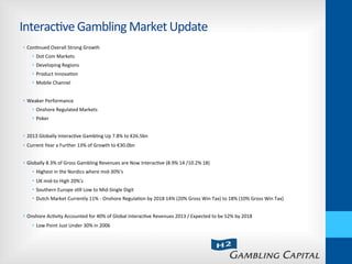 Interac-ve	
  Gambling	
  Market	
  Update	
  
•  Con-nued	
  Overall	
  Strong	
  Growth	
  
•  Dot	
  Com	
  Markets	
  
•  Developing	
  Regions	
  
•  Product	
  Innova-on	
  
•  Mobile	
  Channel	
  
•  Weaker	
  Performance	
  
•  Onshore	
  Regulated	
  Markets	
  
•  Poker	
  
•  2013	
  Globally	
  Interac-ve	
  Gambling	
  Up	
  7.8%	
  to	
  €26.5bn	
  
•  Current	
  Year	
  a	
  Further	
  13%	
  of	
  Growth	
  to	
  €30.0bn	
  
•  Globally	
  8.3%	
  of	
  Gross	
  Gambling	
  Revenues	
  are	
  Now	
  Interac-ve	
  (8.9%	
  14	
  /10.2%	
  18)	
  
•  Highest	
  in	
  the	
  Nordics	
  where	
  mid-­‐30%'s	
  
•  UK	
  mid-­‐to	
  High	
  20%'s	
  
•  Southern	
  Europe	
  s-ll	
  Low	
  to	
  Mid-­‐Single	
  Digit	
  
•  Dutch	
  Market	
  Currently	
  11%	
  -­‐	
  Onshore	
  Regula-on	
  by	
  2018	
  14%	
  (20%	
  Gross	
  Win	
  Tax)	
  to	
  18%	
  (10%	
  Gross	
  Win	
  Tax)	
  
•  Onshore	
  Ac-vity	
  Accounted	
  for	
  40%	
  of	
  Global	
  Interac-ve	
  Revenues	
  2013	
  /	
  Expected	
  to	
  be	
  52%	
  by	
  2018	
  
•  Low	
  Point	
  Just	
  Under	
  30%	
  in	
  2006	
  
 