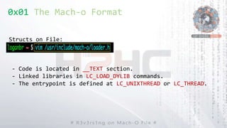 0x01 The Mach-o Format
Structs on File:
- Code is located in __TEXT section.
- Linked libraries in LC_LOAD_DYLIB commands....