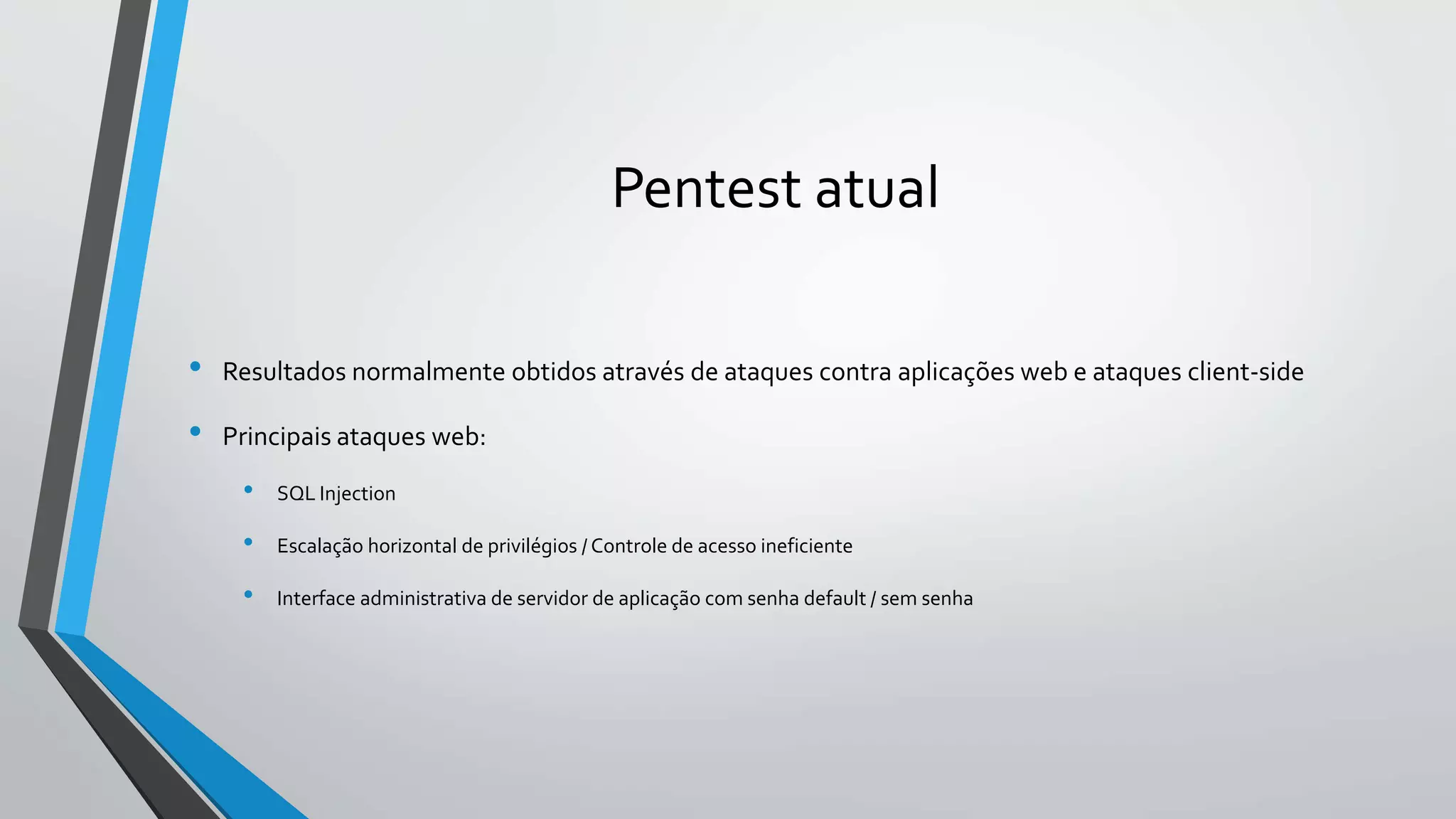Pentest atual 
• Resultados normalmente obtidos através de ataques contra aplicações web e ataques client-side 
• Principais ataques web: 
• SQL Injection 
• Escalação horizontal de privilégios / Controle de acesso ineficiente 
• Interface administrativa de servidor de aplicação com senha default / sem senha 
 