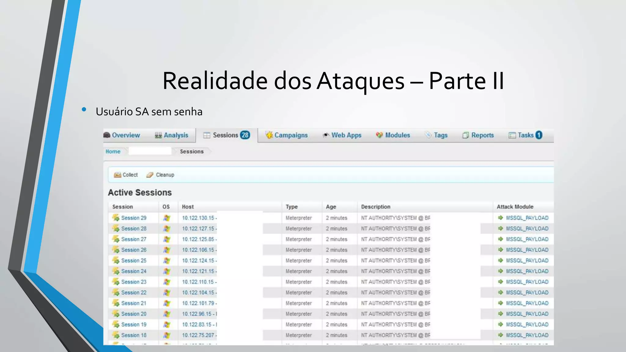 Realidade dos Ataques – Parte II 
• Usuário SA semsenha 
 