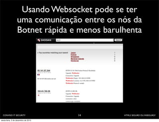 Usando Websocket pode se ter
                  uma comunicação entre os nós da
                  Botnet rápida e menos barulhenta




  CONVISO IT SECURITY                14      HTML5 SEGURO OU INSEGURO?

sexta-feira, 3 de dezembro de 2010
 