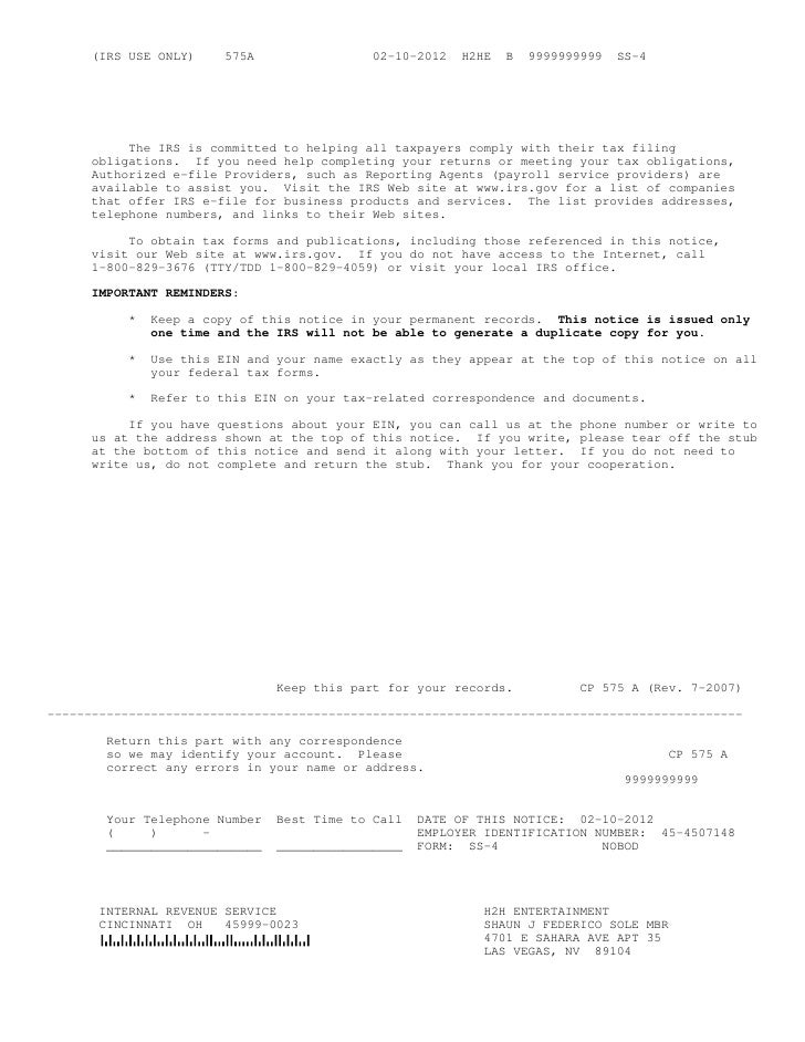 h2h entertainment ein irs form cp 575