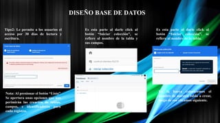 Tipo2: Le permite a los usuarios el
acceso por 30 días de lectura y
escritura.
Nota: Al presionar el botón “Listo”
Se apertura unas opciones que nos
perimirán las creación de tablas,
campos, e identificadores para
cada registro.
Es esta parte al darle click al
botón “Iniciar colección”, se
refiere al nombre de la tabla y
sus campos.
Es esta parte al darle click al
botón “Iniciar colección”, se
refiere al nombre de la tabla.
En la barra colocaremos el
nombre de nuestra tabla a crear,
luego de eso clicamos siguiente.
DISEÑO BASE DE DATOS
 