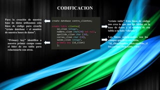 CODIFICACION
Para la creación de nuestra
base de datos utilizamos esta
línea de código para crearla
”créate datebase + el nombre
de nuestra bases de datos”.
“créate table” Esta línea de código
nos crea lo que son las tablas en la
base de datos y el nombre de esa
tabla a su lado “clientes”.
Las líneas subsiguientes son los
campos que lleva esa tabla.
“id_clien,nombre_clien.apellido_cl
ien,correo_clien,saldo_clien”
“Primary key” identifica a
nuestro primer campo como
el líder de esa tabla para
relacionarla con otras.
 