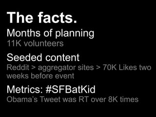 #H2H
@bryankramer
The facts.
Months of planning
11K volunteers
Seeded content
Reddit > aggregator sites > 70K Likes two
we...
