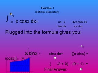 Example 1
(definite integration)
/2
0 x cosx dx= u= x dv= cosx dx
du= dx v= sinx
Plugged into the formula gives you:
/2
x sinx - sinx dx= [(x sinx) +
(cosx)] 0 =
( /2 + 0) – (0 + 1) =
Final Answer:
∫
∫
 