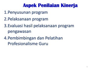 Aspek Penilaian Kinerja
1.Penyusunan program
2.Pelaksanaan program
3.Evaluasi hasil pelaksanaan program
  pengawasan
4.Pembimbingan dan Pelatihan
  Profesionalisme Guru



                                       3
 