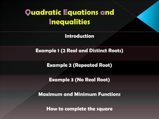 How to solve quadratic inequalities
Example 7 (basic)
Example 8
Example 9 (important)
Example 10 (challenging)
Example 11 ...