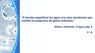 “A tensão superficial da água cria uma membrana que
contém as pequenas de gotas redondas.”
 
Meiani, Antonella, A água, pág. 9
5.º A
 