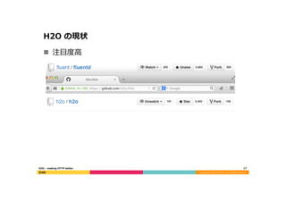 Copyright	
  (C)	
  2015	
  DeNA	
  Co.,Ltd.	
  All	
  Rights	
  Reserved.	
  
H2O  の現状
17	
  H2O  -‐‑‒  making  HTTP  better
n  注⽬目度度⾼高
 