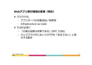 Copyright	
  (C)	
  2015	
  DeNA	
  Co.,Ltd.	
  All	
  Rights	
  Reserved.	
  
Webアプリ実⾏行行環境の変遷（現在）
n  クラウド化
⁃  アプリサーバの⾃自動追加／削除等
⁃  Infrastructure  as  Code
n  TLSが必須に
⁃  「広範な盗聴は攻撃である」(RFC  7258)
⁃  ウェブブラウザにおいてHTTPを「安全でない」と表
⽰示する動き
5	
  H2O  -‐‑‒  making  HTTP  better
 