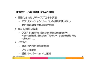 Copyright	
  (C)	
  2015	
  DeNA	
  Co.,Ltd.	
  All	
  Rights	
  Reserved.	
  
HTTPサーバが直⾯面している課題
n  最適化されたリバースプロキシ実装
⁃  アプリケーションサーバとの接続の使い回し
⁃  動的な再構成や負荷分散制御
n  TLS  の適切切な設定
⁃  OCSP  Stapling,  Session  Resumption  w.  
Memcached,  Session  Ticket  w.  automatic  key  
rollover,  ...
n  HTTP/2
⁃  最適化された優先度度制御
⁃  プッシュ配信
⁃  通信オーバーヘッドの圧縮
9	
  H2O  -‐‑‒  making  HTTP  better
 