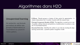 #DevoxxFR @cfalguiere 14
Unsupervised+learning+
!
On!recherche!!une!formule!
perme.ant!de!déﬁnir!des!!
groupes!d’observa:ons!se!
ressemblant!ou!suivant!le!
même!pa.ern.!
Algorithmes dans H2O
 