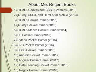 About Me: Recent Books
1) HTML5 Canvas and CSS3 Graphics (2013)
2) jQuery, CSS3, and HTML5 for Mobile (2013)
3) HTML5 Pocket Primer (2013)
4) jQuery Pocket Primer (2013)
5) HTML5 Mobile Pocket Primer (2014)
6) D3 Pocket Primer (2015)
7) Python Pocket Primer (2015)
8) SVG Pocket Primer (2016)
9) CSS3 Pocket Primer (2016)
10) Android Pocket Primer (2017)
11) Angular Pocket Primer (2017)
12) Data Cleaning Pocket Primer (2018)
13) RegEx Pocket Primer (2018)
 