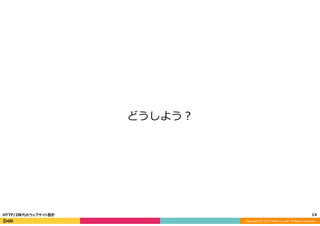 Copyright	
  (C)	
  2015	
  DeNA	
  Co.,Ltd.	
  All	
  Rights	
  Reserved.	
  
どうしよう？
14	
  HTTP/2時代のウェブサイト設計
 