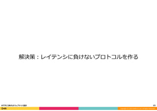 Copyright	
  (C)	
  2015	
  DeNA	
  Co.,Ltd.	
  All	
  Rights	
  Reserved.	
  
解決策：レイテンシに負けないプロトコルを作る
15	
  HTTP/2時代のウェブサイト設計
 