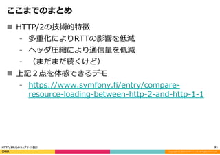 Copyright	
  (C)	
  2015	
  DeNA	
  Co.,Ltd.	
  All	
  Rights	
  Reserved.	
  
ここまでのまとめ
n  HTTP/2の技術的特徴
⁃  多重化によりRTTの影響を低減
⁃  ヘッダ圧縮により通信量量を低減
⁃  （まだまだ続くけど）
n  上記２点を体感できるデモ
⁃  https://www.symfony.ﬁ/entry/compare-‐‑‒
resource-‐‑‒loading-‐‑‒between-‐‑‒http-‐‑‒2-‐‑‒and-‐‑‒http-‐‑‒1-‐‑‒1
31	
  HTTP/2時代のウェブサイト設計
 