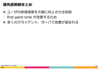 Copyright	
  (C)	
  2015	
  DeNA	
  Co.,Ltd.	
  All	
  Rights	
  Reserved.	
  
優先度度制御まとめ
n  ユーザの体感速度度を⼤大幅に向上させる技術
⁃  ﬁrst-‐‑‒paint  time  が改善するため
n  多くのクライアント、サーバで改善が望まれる
52	
  HTTP/2時代のウェブサイト設計
 