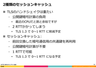 Copyright	
  (C)	
  2015	
  DeNA	
  Co.,Ltd.	
  All	
  Rights	
  Reserved.	
  
2種類のセッションキャッシュ
n  TLSのハンドシェイクは重たい
⁃  公開鍵暗号計算の負荷
•  最近のCPUだと割と余裕ですが
⁃  2  RTTかかってしまう
•  TLS  1.3  で  0〜～1  RTT  に削減予定
n  セッションキャッシュ:
⁃  前回交換した暗号通信⽤用の共通鍵を再利利⽤用
⁃  公開鍵暗号計算が不不要
⁃  1  RTTで可能
•  TLS  1.3  で  0〜～1  RTT  になる予定
72	
  HTTP/2時代のウェブサイト設計
 