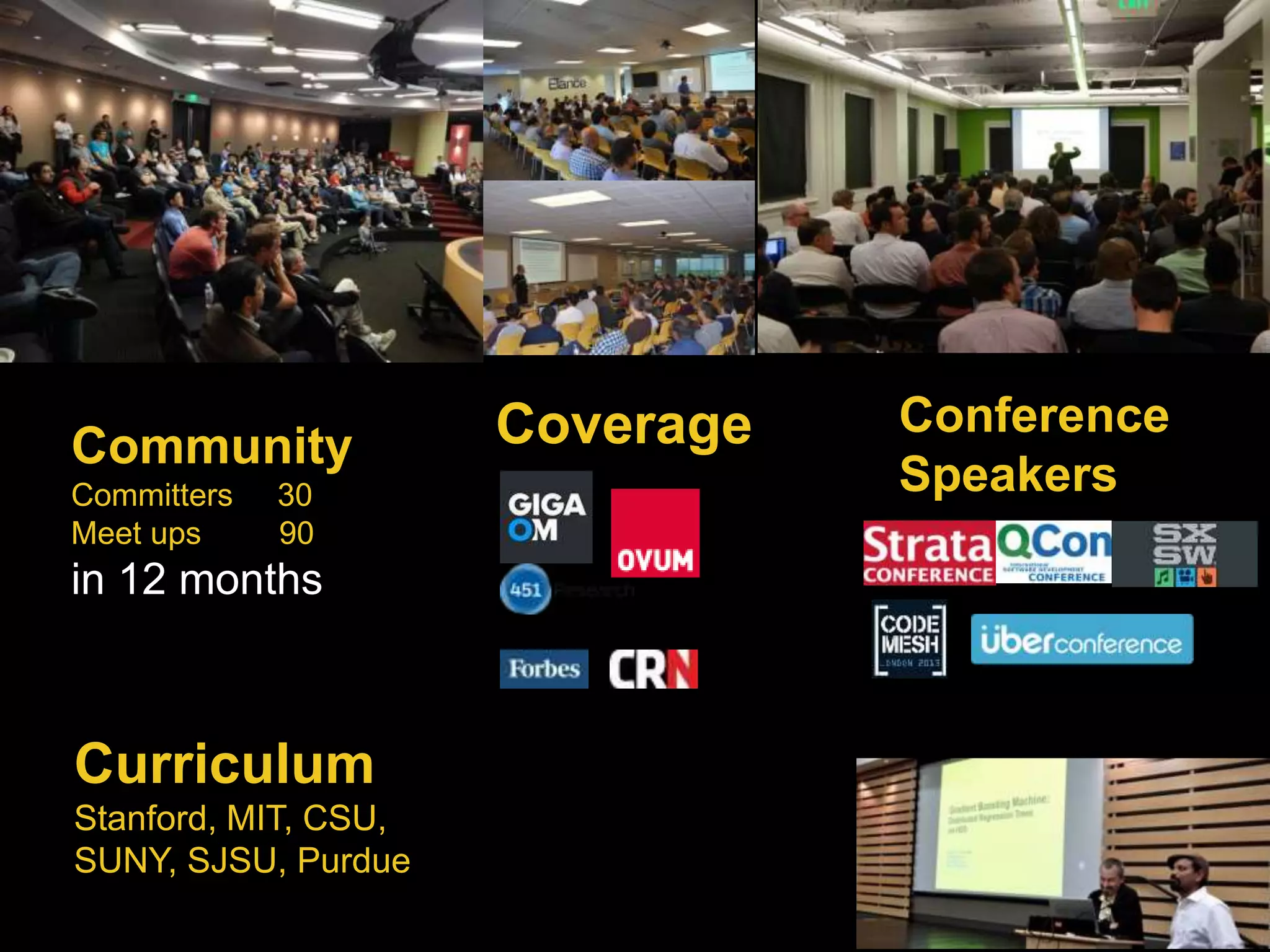Community 
Committers 30 
Meet ups 90 
in 12 months 
Coverage Conference 
Speakers 
Curriculum 
Stanford, MIT, CSU, 
SUNY, SJSU, Purdue 
 