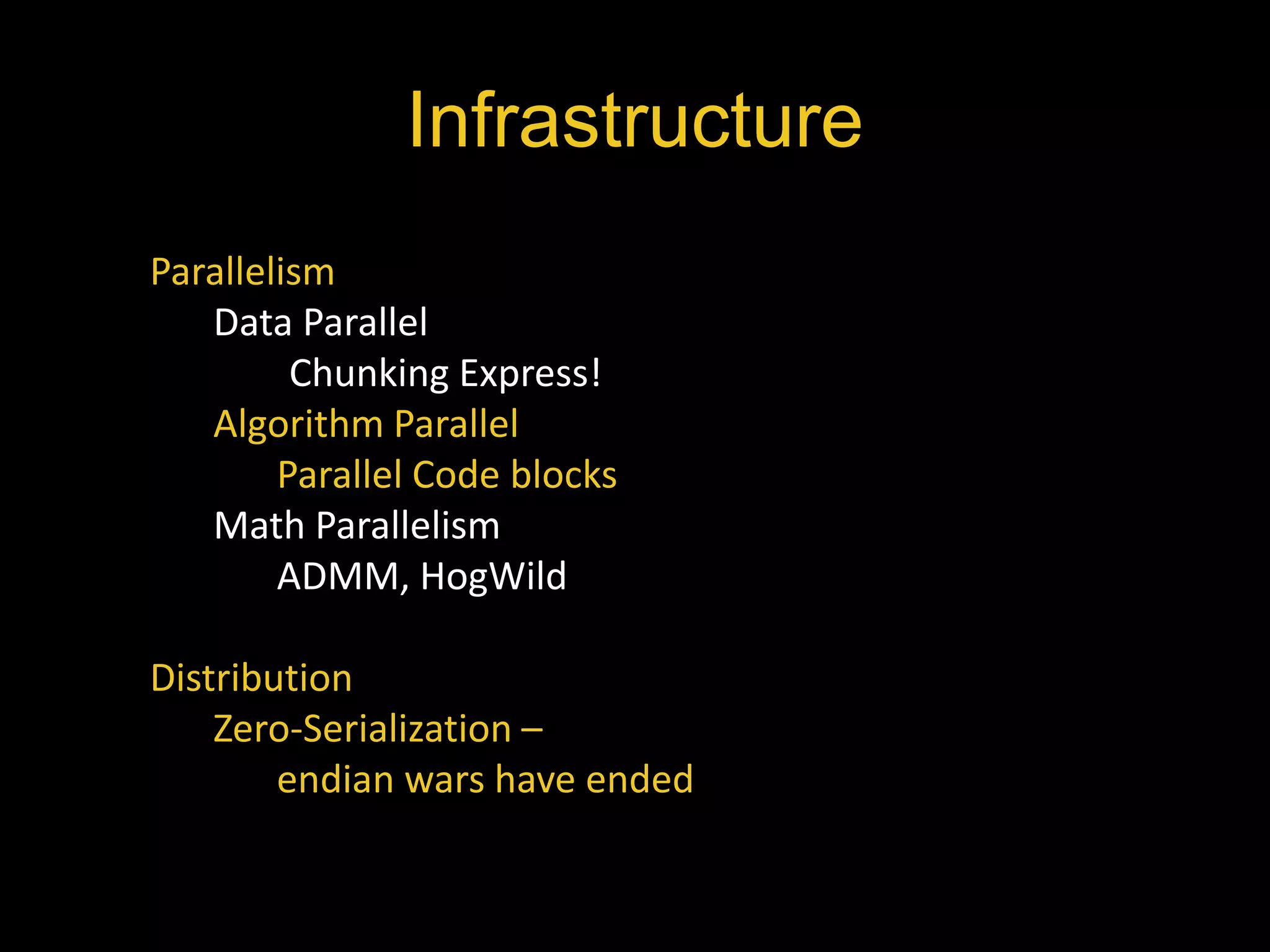 Infrastructure 
Parallelism 
Data Parallel 
Chunking Express! 
Algorithm Parallel 
Parallel Code blocks 
Math Parallelism 
ADMM, HogWild 
Distribution 
Zero-Serialization – 
endian wars have ended 
 