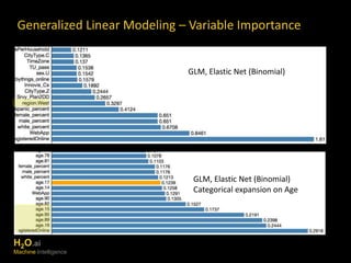 Generalized Linear Modeling – Variable Importance 
GLM, Elastic Net (Binomial) 
GLM, Elastic Net (Binomial) 
Categorical expansion on Age 
H2O.ai 
Machine Intelligence 
 