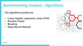 Benchmarking Analysis - Algorithms
The algorithms studied are
• Linear (logistic regression, linear SVM)
• Random Forest
• Boosting
• Deep Neural Network
 