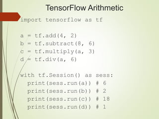 TensorFlow Arithmetic
import tensorflow as tf
a = tf.add(4, 2)
b = tf.subtract(8, 6)
c = tf.multiply(a, 3)
d = tf.div(a, 6)
with tf.Session() as sess:
print(sess.run(a)) # 6
print(sess.run(b)) # 2
print(sess.run(c)) # 18
print(sess.run(d)) # 1
 