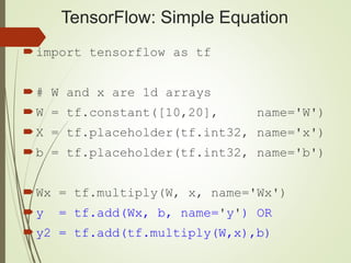 TensorFlow: Simple Equation
import tensorflow as tf
# W and x are 1d arrays
W = tf.constant([10,20], name='W')
X = tf.placeholder(tf.int32, name='x')
b = tf.placeholder(tf.int32, name='b')
Wx = tf.multiply(W, x, name='Wx')
y = tf.add(Wx, b, name='y') OR
y2 = tf.add(tf.multiply(W,x),b)
 
