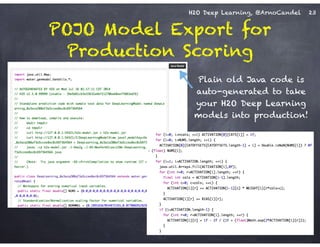 H2O Deep Learning, @ArnoCandel
POJO Model Export for
Production Scoring
23
Plain old Java code is
auto-generated to take
your H2O Deep Learning
models into production!
 