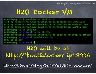 H2O Deep Learning, @ArnoCandel
H2O Docker VM
35
http://h2o.ai/blog/2015/01/h2o-docker/
H2O will be at 
http://`boot2docker ip`:8996
 