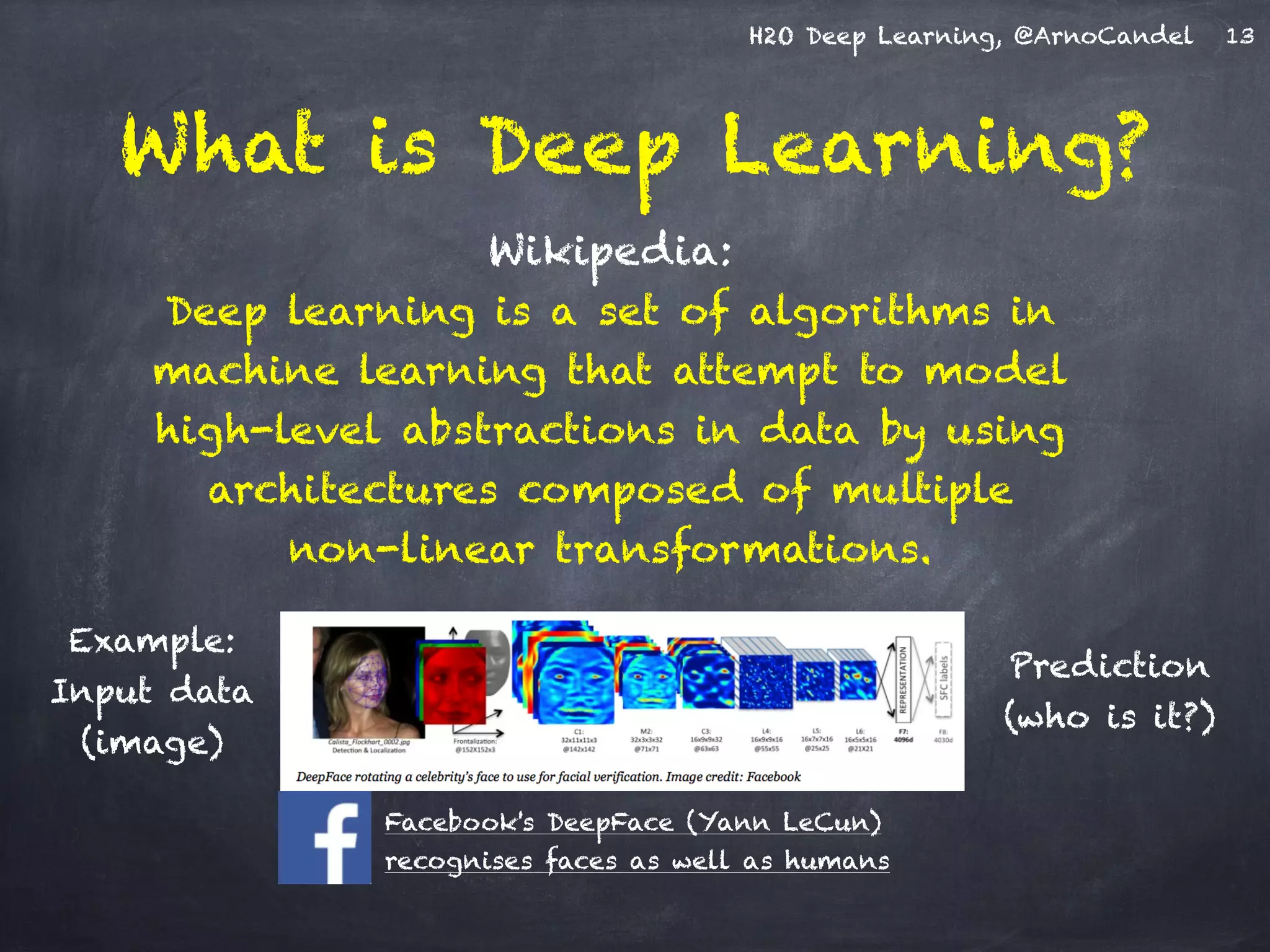 H2O Deep Learning, @ArnoCandel
Wikipedia: 
Deep learning is a set of algorithms in
machine learning that attempt to model
high-level abstractions in data by using
architectures composed of multiple  
non-linear transformations.
What is Deep Learning?
Example:
Input data 
(image)
Prediction
(who is it?)
13
Facebook's DeepFace (Yann LeCun)
recognises faces as well as humans
 