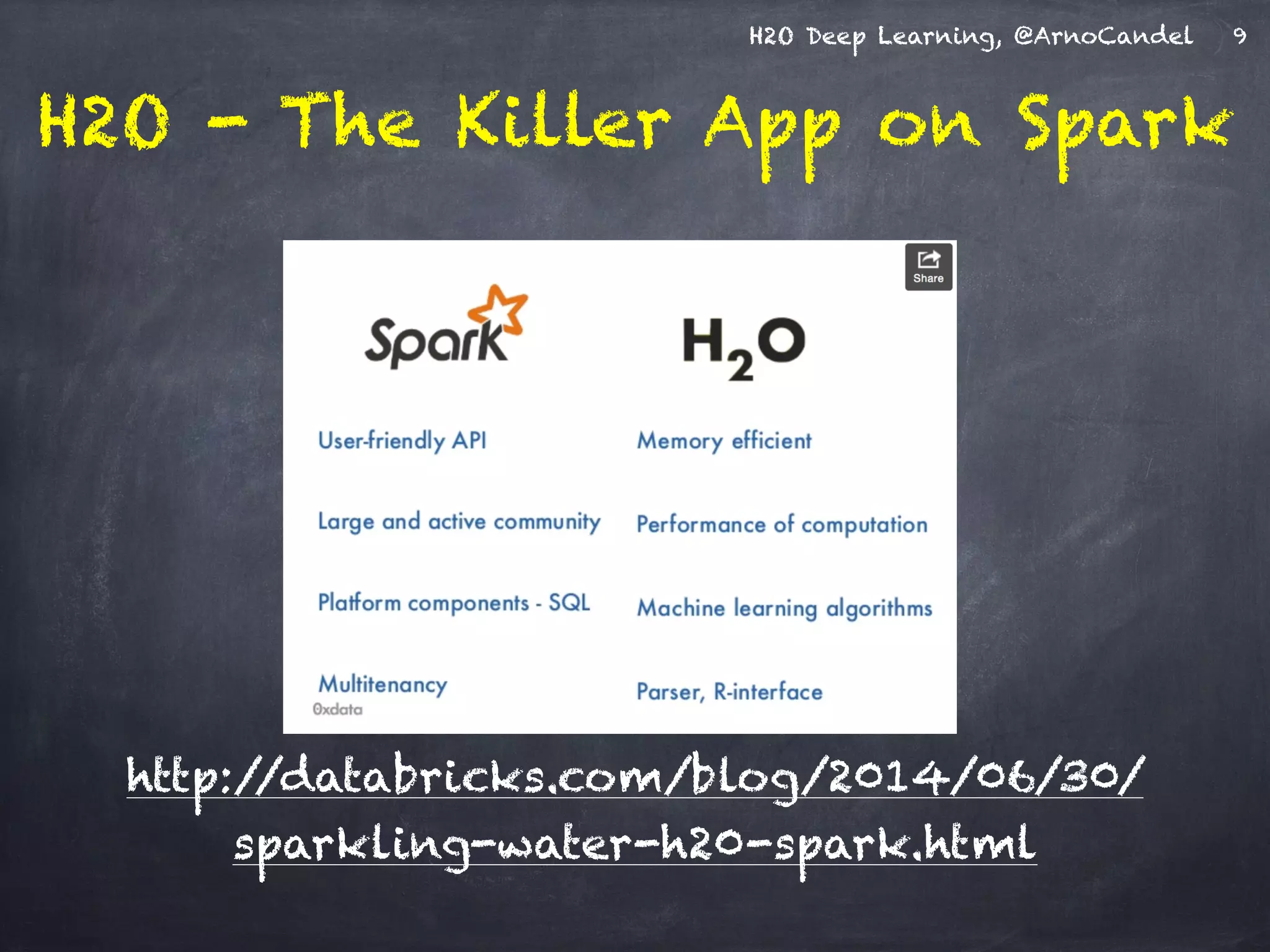 H2O Deep Learning, @ArnoCandel
H2O - The Killer App on Spark
9
http://databricks.com/blog/2014/06/30/
sparkling-water-h20-spark.html
 