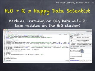 H2O Deep Learning, @ArnoCandel 
H2O + R = Happy Data Scientist 
11 
Machine Learning on Big Data with R: 
Data resides on the H2O cluster! 
 