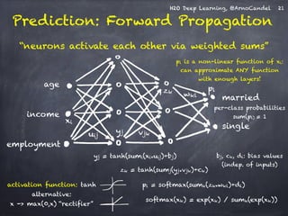 H2O Deep Learning, @ArnoCandel 
Prediction: Forward Propagation 
“neurons activate each other via weighted sums” 
age 
income 
employment 
uij 
vjk 
zk pl 
yj = tanh(sumi(xi*uij)+bj) 
xi 
yj 
21 
married 
per-class probabilities 
sum(pl) = 1 
wkl 
zk = tanh(sumj(yj*vjk)+ck) 
single 
pl = softmax(sumk(zk*wkl)+dl) 
softmax(xk) = exp(xk) / sumk(exp(xk)) 
activation function: tanh 
alternative: 
x -> max(0,x) “rectifier” 
pl is a non-linear function of xi: 
can approximate ANY function 
with enough layers! 
bj, ck, dl: bias values 
(indep. of inputs) 
 