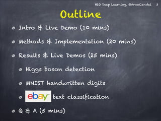 H2O Deep Learning, @ArnoCandel 
Outline 
Intro & Live Demo (10 mins) 
Methods & Implementation (20 mins) 
Results & Live Demos (25 mins) 
Higgs boson detection 
MNIST handwritten digits 
text classification 
Q & A (5 mins) 
3 
 