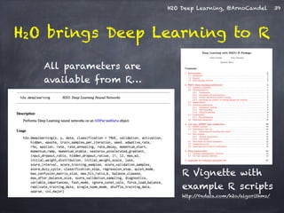 H2O Deep Learning, @ArnoCandel 39 
H2O brings Deep Learning to R 
R Vignette with 
example R scripts 
http://0xdata.com/h2o/algorithms/ 
All parameters are 
available from R… 
 