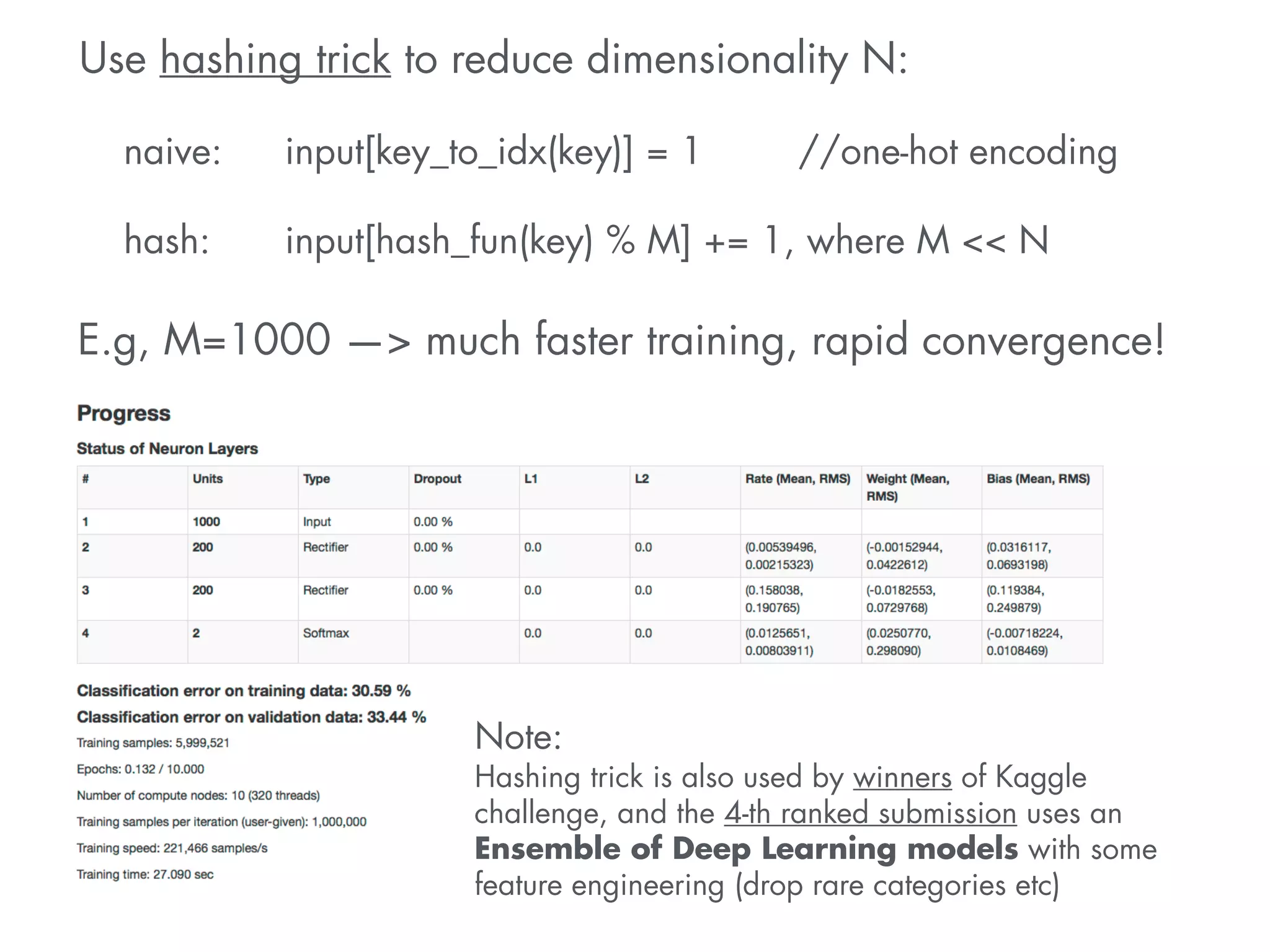 Use hashing trick to reduce dimensionality N: 
! 
naive: input[key_to_idx(key)] = 1 //one-hot encoding 
hash: input[hash_fun(key) % M] += 1, where M << N 
E.g, M=1000 —> much faster training, rapid convergence! 
Note: 
Hashing trick is also used by winners of Kaggle 
challenge, and the 4-th ranked submission uses an 
Ensemble of Deep Learning models with some 
feature engineering (drop rare categories etc) 
 