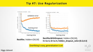 Tip	
  #7:	
  Use	
  Regularization
Overfitting	
  is	
  easy,	
  generalization	
  is	
  art
validation	
  error
training	
  error
training	
  time training	
  time
Rectifier,	
  hidden=[50,50]
RectifierWithDropout,	
  hidden=[50,50],	
  
l1=1e-­‐4,	
  l2=1e-­‐4,	
  hidden_dropout_ratio=[0.2,0.3]
Higgs	
  dataset
 