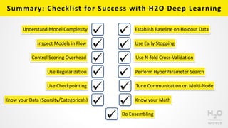 Summary:	
  Checklist	
  for	
  Success	
  with	
  H2O	
  Deep	
  Learning
Know	
  your	
  Math
Use	
  Early	
  Stopping
Use	
  Checkpointing
Use	
  Regularization
Use	
  N-­‐fold	
  Cross-­‐Validation
Perform	
  HyperParameter	
  Search
Know	
  your	
  Data	
  (Sparsity/Categoricals)
Tune	
  Communication	
  on	
  Multi-­‐Node
Establish	
  Baseline	
  on	
  Holdout	
  DataUnderstand	
  Model	
  Complexity
Control	
  Scoring	
  Overhead
Do	
  Ensembling
Inspect	
  Models	
  in	
  Flow
 