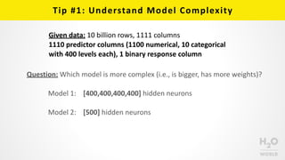 Tip	
  #1:	
  Understand	
  Model	
  Complexity
Given	
  data:	
  10	
  billion	
  rows,	
  1111	
  columns	
  
1110	
  predictor	
  columns	
  (1100	
  numerical,	
  10	
  categorical	
  
with	
  400	
  levels	
  each),	
  1	
  binary	
  response	
  column
Question:	
  Which	
  model	
  is	
  more	
  complex	
  (i.e.,	
  is	
  bigger,	
  has	
  more	
  weights)?	
  
Model	
  1:	
  	
  	
  	
  [400,400,400,400]	
  hidden	
  neurons	
  
Model	
  2:	
  	
  	
  	
  [500]	
  hidden	
  neurons
 