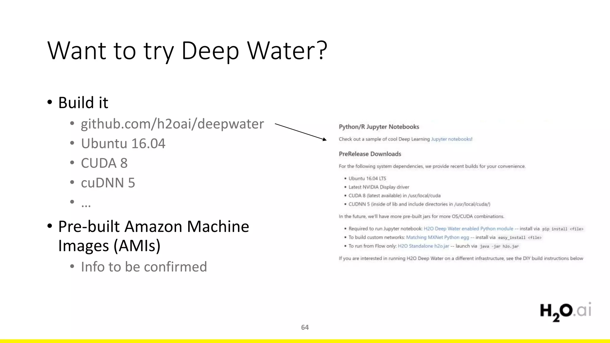 Want to try Deep Water?
64
• Build it
• github.com/h2oai/deepwater
• Ubuntu 16.04
• CUDA 8
• cuDNN 5
• …
• Pre-built Amazon Machine
Images (AMIs)
• Info to be confirmed
 