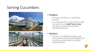 Sorting Cucumbers
• Problem
• Sorting cucumbers is a laborious
process.
• In a Japanese farm, the farmer’s wife
can spend ...