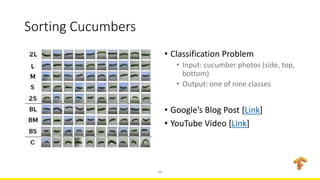 Sorting Cucumbers
• Classification Problem
• Input: cucumber photos (side, top,
bottom)
• Output: one of nine classes
• Go...