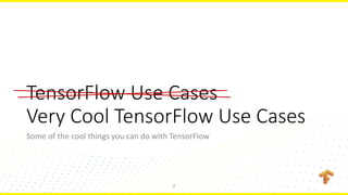 TensorFlow Use Cases
Very Cool TensorFlow Use Cases
Some of the cool things you can do with TensorFlow
7
 