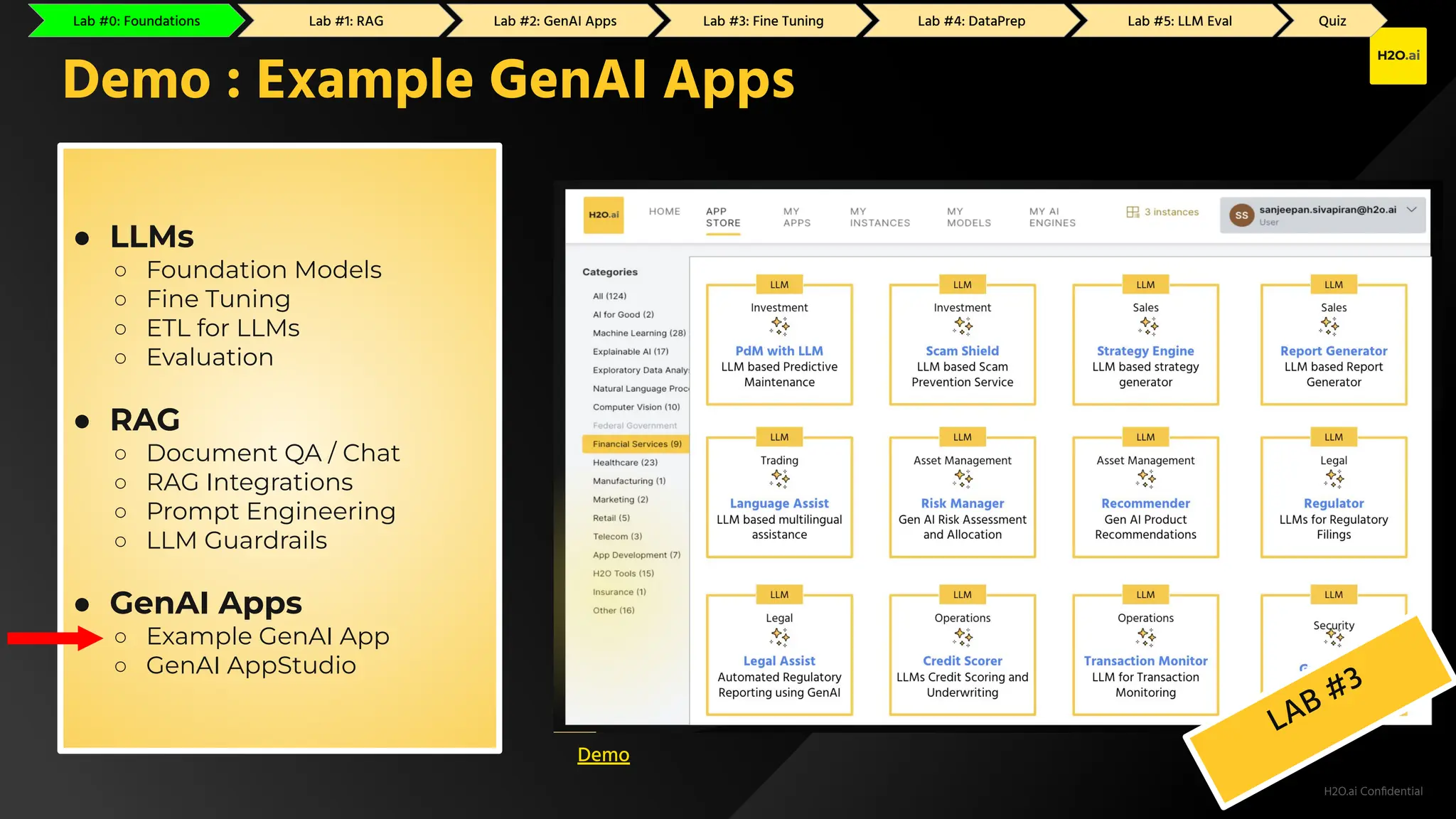 H2O.ai Conﬁdential
LAB #3
Demo : Example GenAI Apps
● LLMs
○ Foundation Models
○ Fine Tuning
○ ETL for LLMs
○ Evaluation
● RAG
○ Document QA / Chat
○ RAG Integrations
○ Prompt Engineering
○ LLM Guardrails
● GenAI Apps
○ Example GenAI App
○ GenAI AppStudio
Demo
Lab #0: Foundations Lab #1: RAG Lab #2: GenAI Apps Lab #3: Fine Tuning Lab #4: DataPrep Lab #5: LLM Eval Quiz
 
